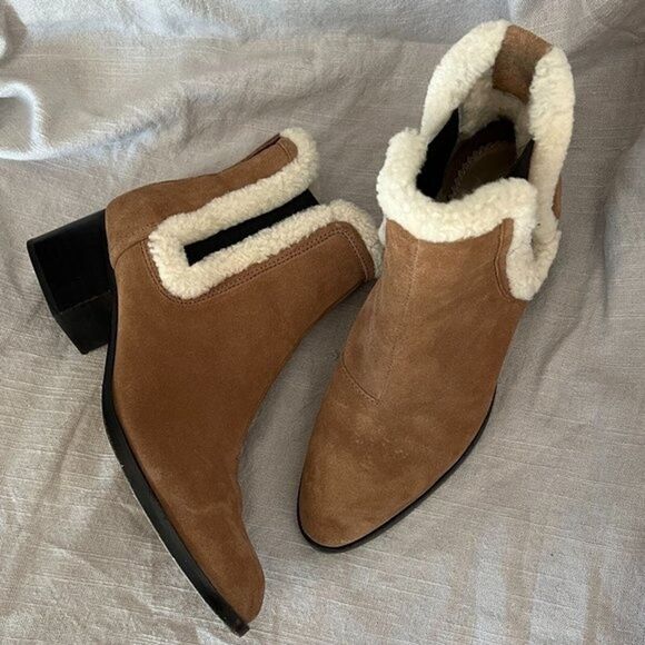 RAG‎ & BONE Walker Shearling Chelsea Bootie Camel Suede Block Heel Boho 36 tan - Picture 1 of 7